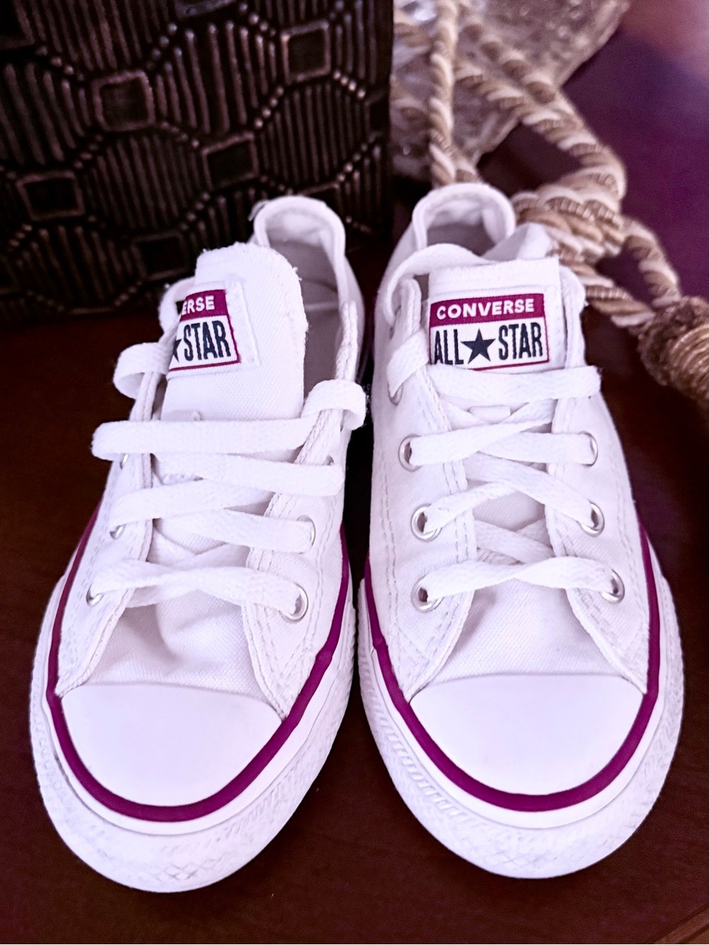 Converse Kids White Canvas Low Top Sneakers with Pink Trim